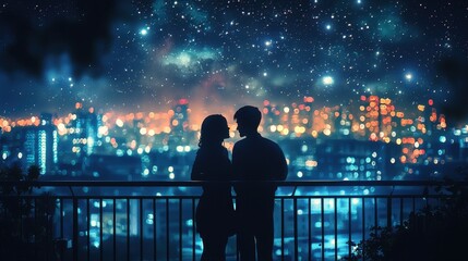 A mother and her spouse sharing a quiet moment on the balcony, enjoying a glass of wine under the stars. The soft city lights in the background add a romantic touch. The scene is intimate and 