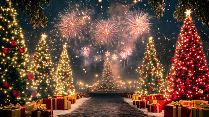 christmas tree with fireworks