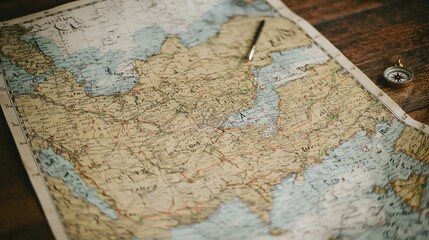 Fototapeta premium A map spread out on a wooden table, colonial explorers plotting new territories with compass and quill. 