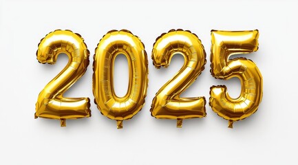 The numbers "2025" are displayed in golden foil balloon style, isolated on a clean white background, ideal for New Year’s Eve party invitations, greeting cards, digital marketing materials, or banners