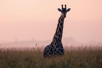 Giraffe in a Dreamy Haze A giraffe standing in tall grass with v