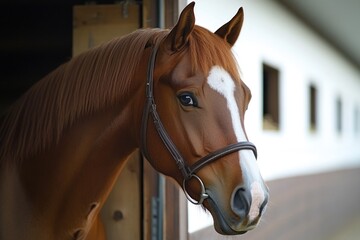Fototapeta premium A close-up shot of a horse's head wearing a bridle, useful for horse riding or equine-related themes
