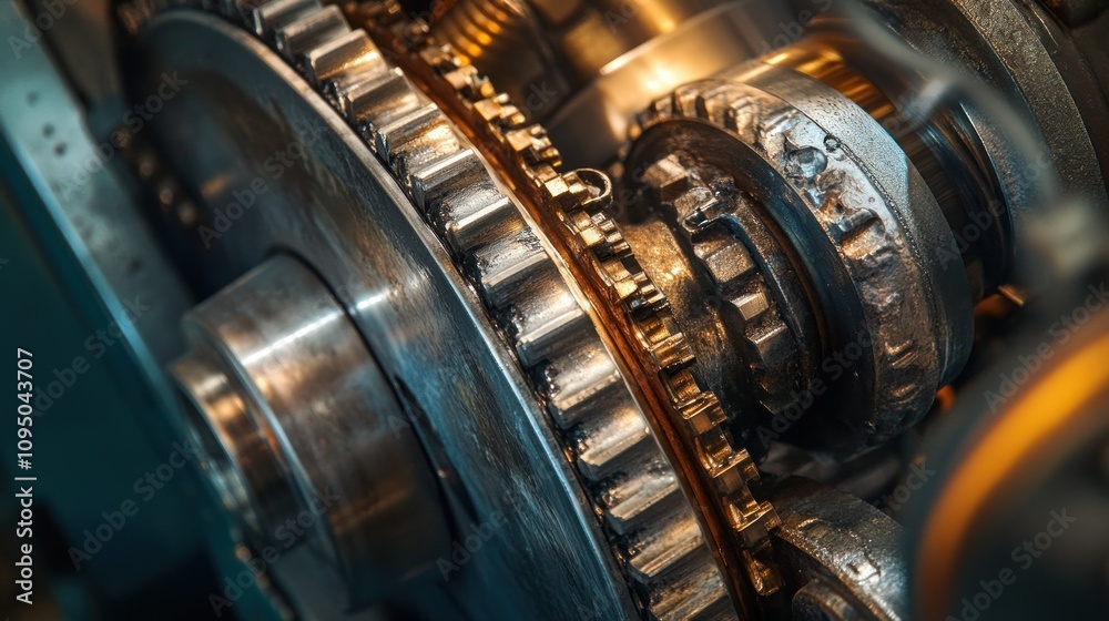 Poster Close-up of Interlocking Gears and Metal Components in a Machine