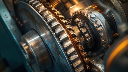 Close-up of Interlocking Gears and Metal Components in a Machine