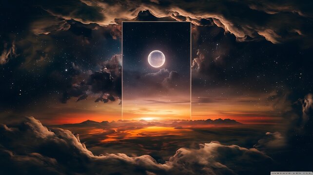 Cosmic Portal Nebula Framed by Fiery Landscape and Radiant Celestial Body