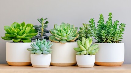 A collection of various succulents in decorative pots, showcasing vibrant green hues and diverse shapes against a neutral background.