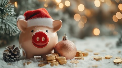 Piggy Bank with Santa Hat and Coins in a Christmas Setting