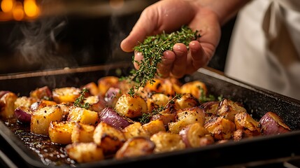 Naklejka premium A chef’s hand sprinkling thyme leaves over a sizzling pan of roasted vegetables, with the fresh herbs highlighted by warm, golden lighting for a natural and flavorful atmosphere. --ar 16:9