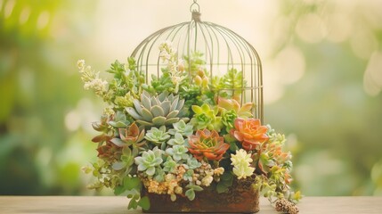 A decorative birdcage filled with vibrant succulents and flowers, creating a charming centerpiece surrounded by soft, natural light.