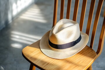 Stylish fedora on wooden chair with soft, warm light streaming in, plain setting. National Hat Day.