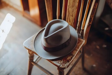Stylish fedora on wooden chair with soft, warm light streaming in, plain setting. National Hat Day.
