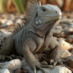Obraz premium Close-Up of a Green Iguana in Natural Habitat Surrounded by Rocks, Sunlit Reptile with Spines, Native Wildlife, Lizard Resting on Pebbled Ground Outdoors