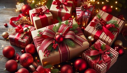 Beautifully wrapped gifts, decorated with red ribbons and festive decorations, festive celebrations and creating a joyful atmosphere.
