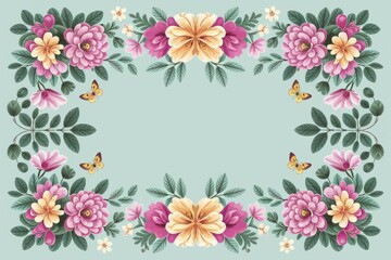 Fototapeta premium Floral frame, butterflies. Elegant floral border design; pastel blossoms and butterflies. Symbolizes beauty, nature's grace.