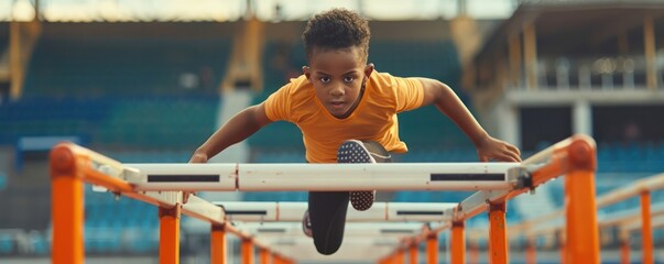.Young athlete hurdling in a stadium...