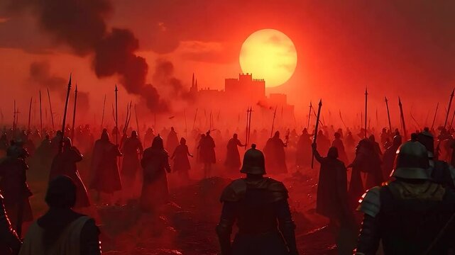 Bloody Sunset Over Medieval Siege: Army, Castle, and War Scene Digital Painting