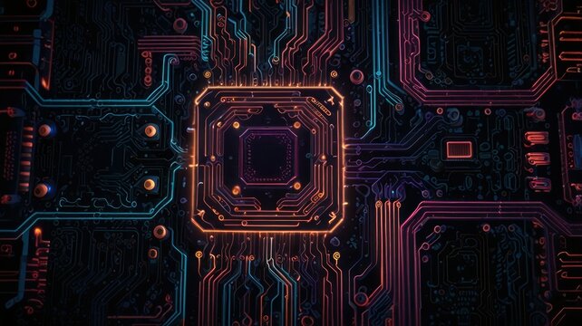 A glowing circuit board with neon pathways shaped like abstract patterns