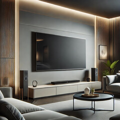 リビングに設置されているモダンでラグジュアリーな雰囲気の壁付き大画面テレビ