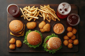 Fast food delivery menu background with various burgers, cheeseburger, nuggets, french fries, fizzy soda drinks. Top view