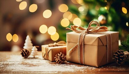 Eco-friendly Christmas background with gifts wrapped in gray paper and tied with string