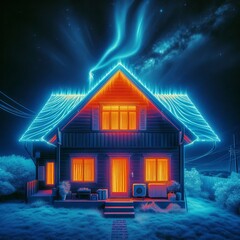 An of a house roof at night with infrared waves radiating heat a