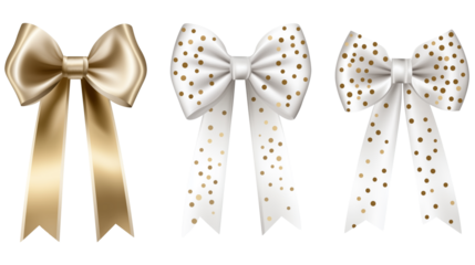 set of  white ribbon with gold polka dots bows isolated on transparent background, gift wrap decoration design