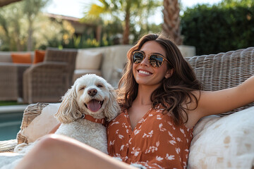 Obraz na płótnie Canvas A joyful woman with her dog in a pet-friendly resort, relaxing on a lounge chair outdoors.