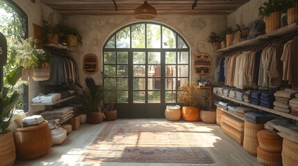 Rustic Boutique Interior: A cozy and inviting retail space with exposed brick walls, wooden shelves, and a large arched window, showcasing a curated collection of clothing and home goods.  