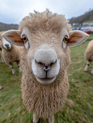 Funny Adorable Sheep Close-Up, A Curious Farmyard Portrait