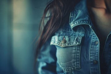 A close-up shot of a person wearing a jean jacket, looking casual and relaxed