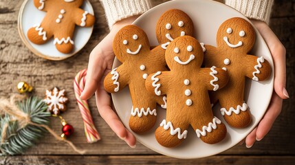 Child s hands holding festive Christmas handmade gingerbread treats on a wooden table with holiday decorations banner