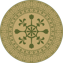 Vector green with gold round gothic ornament. Medieval European circle, ring, border. Classic pattern of the Germans, Angles, Saxons, Franks