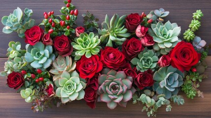 A vibrant arrangement of red roses and green succulents, beautifully displayed on a wooden surface, showcasing nature's colors and textures.