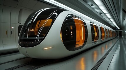 A sleek, futuristic transport vehicle awaits passengers in a modern underground station, illuminated by soft orange lights that enhance the atmosphere