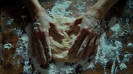 A close-up of hands kneading dough on a flour-dusted wooden surface, the fingers pressing firmly into the soft, pliable dough, illuminated by warm, natural lighting for a rustic and cozy feel.