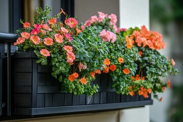 Fototapeta premium Vibrant Orange Pink Flowers in Modern Window Box Planter