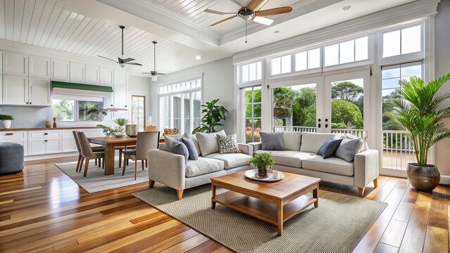 Minimalist Queenslander Home Interior with Natural Light and Open Spaces Featuring Timber Floors and Subtle Decor for Tranquil Living Environment