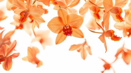 Elegant Orange Orchids with Floating Petals on a White Background
