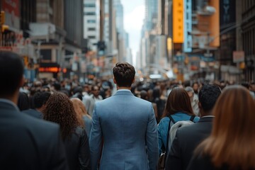 Obraz premium Businessman in Modern City Skyscrapers & Blurred Pedestrians