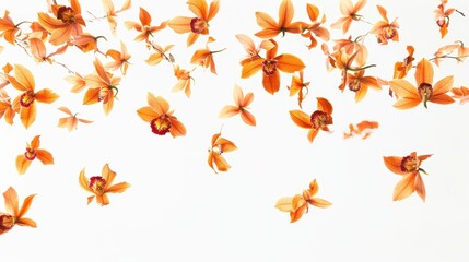 Naklejka premium Elegant Orange Orchids with Floating Petals on a White Background