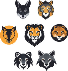 Set of animal faces - lions, wolves