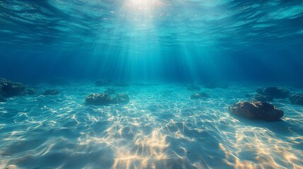 underwater ocean in clean and clear water with sunlight from the surface