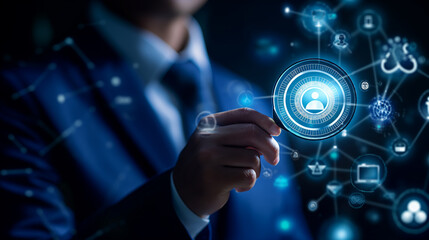 Digital copyright or patent concept. Author rights and patented intellectual property. Businessman holding a magnifying glass focuses on a copyright symbol surrounded by legal icons. trademark license