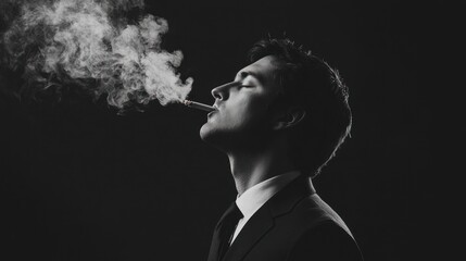 A monochromatic portrait of a man in a suit, exhaling smoke, creating a dramatic and contemplative atmosphere.