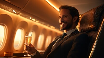 Businessman in luxurious airplane seat, smiling with champagne, symbolizing successful flight upgrade in premium environment.