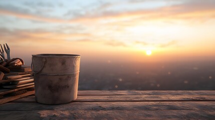 Tranquil Evening Landscape with a Rustic Bucket and Tools on a Wooden Table Overlooking a Sunset View in the Background