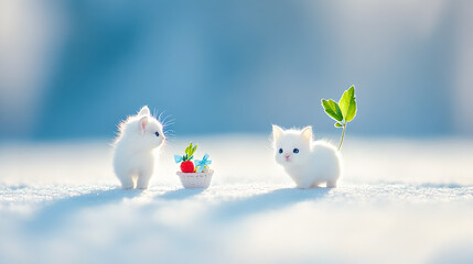 A cute, white, furry baby bunny hops through the snow, a perfect wintertime image