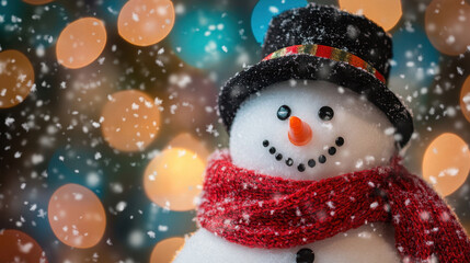 Fototapeta premium A close-up of a snowman wearing a red scarf and a black hat, with snow gently falling in the background.