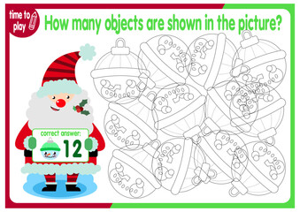 Count how many objects are hidden in the picture. Educational game for children. Colorful cartoon characters. Funny vector illustration. New Year. Christmas	
