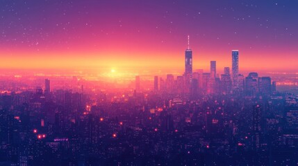 Cityscape Sunrise Vibrant Colors Night Sky